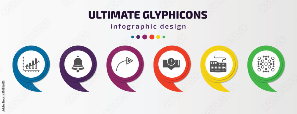 ultimate glyphicons infographic element with filled icons and 6 step or option. ultimate glyphicons icons such as upload arrow with bar, alarm bell, turn right, error message, computer keyboard, dot ultimate glyphicons infographic element with filled icons and 6 step or option. ultimate glyphicons icons such as upload arrow with bar, alarm bell, turn right, error message, computer keyboard, dot