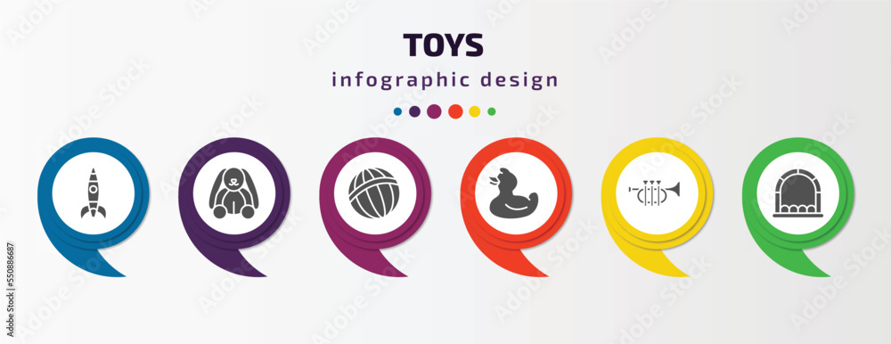 toys infographic element with filled icons and 6 step or option. toys icons such as rocket toy, bunny toy, beach ball toy, duck et bouncy castle vector. can be used for banner, info graph, web. toys infographic element with filled icons and 6 step or option. toys icons such as rocket toy, bunny toy, beach ball toy, duck et bouncy castle vector. can be used for banner, info graph, web.