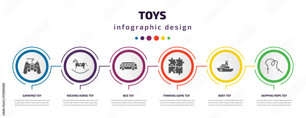toys infographic element with filled icons and 6 step or option. toys icons such as gamepad toy, rocking horse toy, bus toy, thinking game boat skipping rope vector. can be used for banner, info toys infographic element with filled icons and 6 step or option. toys icons such as gamepad toy, rocking horse toy, bus toy, thinking game boat skipping rope vector. can be used for banner, info