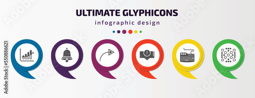 ultimate glyphicons infographic element with filled icons and 6 step or option. ultimate glyphicons icons such as upload arrow with bar, alarm bell, turn right, error message, computer keyboard, dot