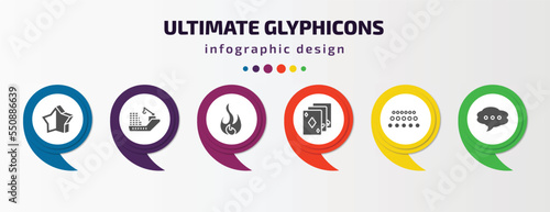 ultimate glyphicons infographic element with filled icons and 6 step or option. ultimate glyphicons icons such as half star full, cargo boat, round flame, three cards, big and small dots, message