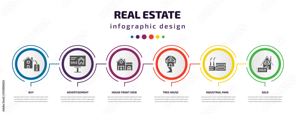 real estate infographic element with filled icons and 6 step or option. real estate icons such as buy, advertisement, house front view, tree house, industrial park, sold vector. can be used for real estate infographic element with filled icons and 6 step or option. real estate icons such as buy, advertisement, house front view, tree house, industrial park, sold vector. can be used for