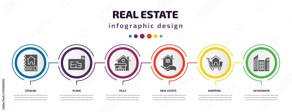 real estate infographic element with filled icons and 6 step or option. real estate icons such as catalog, plans, villa, real estate, shopping, skyscraper vector. can be used for banner, info graph, real estate infographic element with filled icons and 6 step or option. real estate icons such as catalog, plans, villa, real estate, shopping, skyscraper vector. can be used for banner, info graph,
