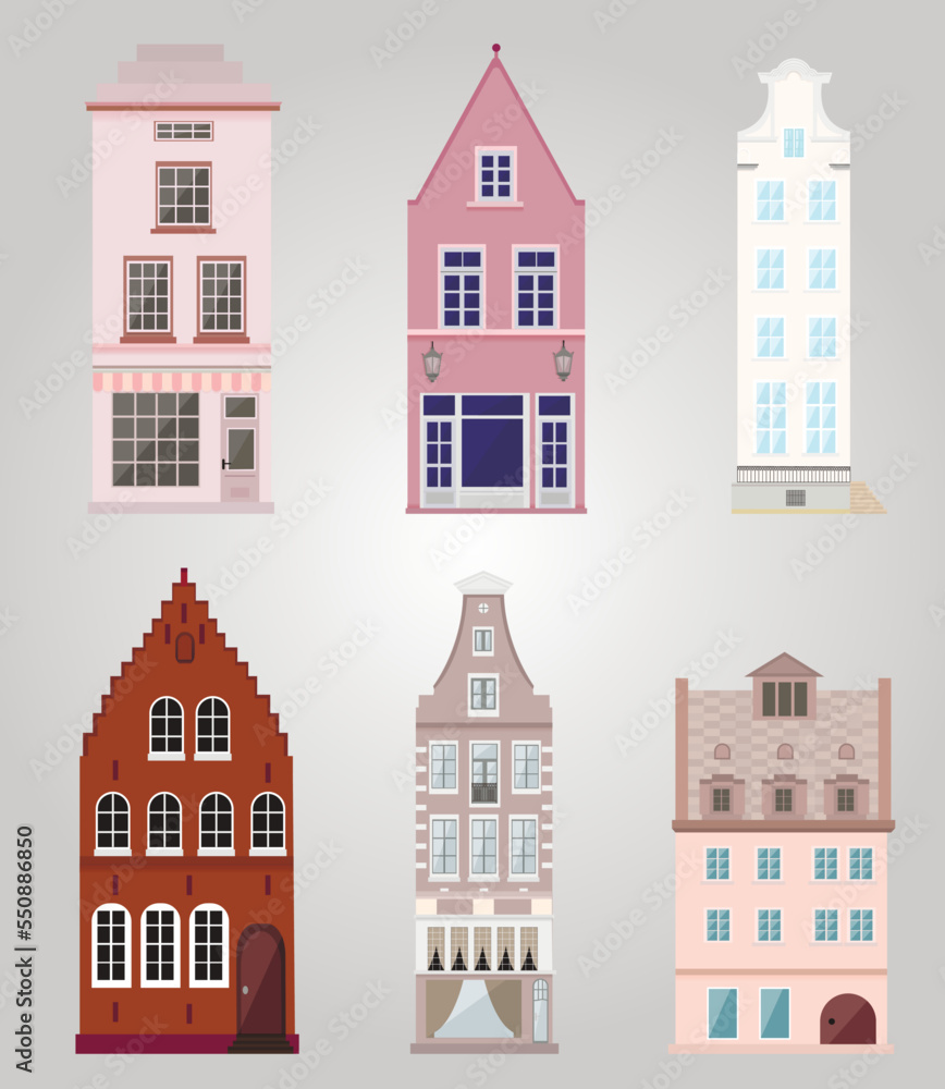 Set of flat icons of buildings isolated on background