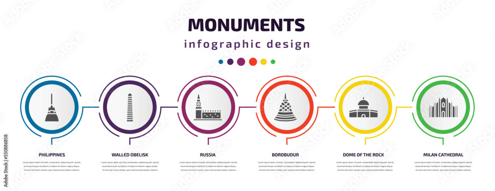 monuments infographic element with filled icons and 6 step or option. monuments icons such as philippines, walled obelisk, russia, borobudur, dome of the rock, milan cathedral vector. can be used monuments infographic element with filled icons and 6 step or option. monuments icons such as philippines, walled obelisk, russia, borobudur, dome of the rock, milan cathedral vector. can be used