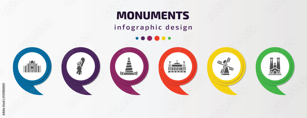 monuments infographic element with filled icons and 6 step or option. monuments icons such as milan cathedral, easter island, great mosque of samarra, palais garnier, kinderdijk windmills, spain monuments infographic element with filled icons and 6 step or option. monuments icons such as milan cathedral, easter island, great mosque of samarra, palais garnier, kinderdijk windmills, spain