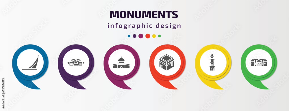 monuments infographic element with filled icons and 6 step or option. monuments icons such as moscow, dpr/mpr building, dome of the rock, kaaba building, the clock tower, palace of versailles monuments infographic element with filled icons and 6 step or option. monuments icons such as moscow, dpr/mpr building, dome of the rock, kaaba building, the clock tower, palace of versailles