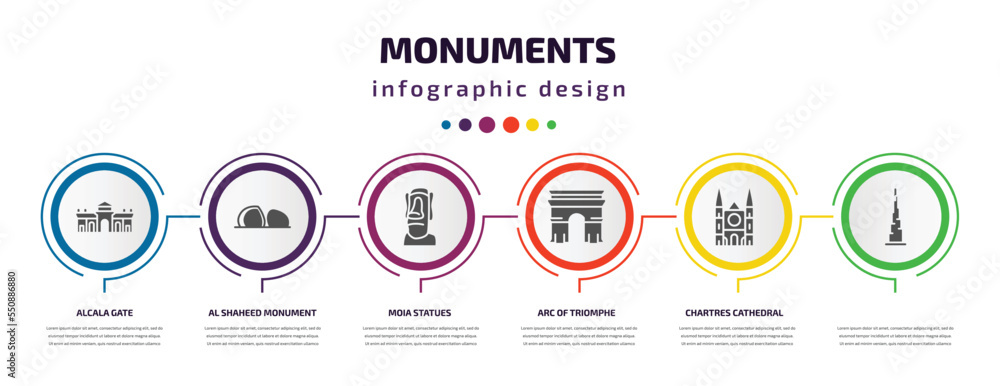 monuments infographic element with filled icons and 6 step or option. monuments icons such as alcala gate, al shaheed monument, moia statues, arc of triomphe, chartres cathedral, vector. can be monuments infographic element with filled icons and 6 step or option. monuments icons such as alcala gate, al shaheed monument, moia statues, arc of triomphe, chartres cathedral, vector. can be