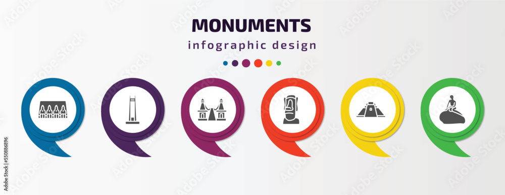monuments infographic element with filled icons and 6 step or option. monuments icons such as abu simbel, circle, bridge of the west, moia statues, pyramid of the magician, denmark vector. can be