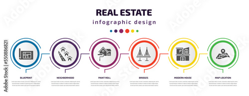 real estate infographic element with filled icons and 6 step or option. real estate icons such as blueprint, neighborhood, paint roll, bridges, modern house, map location vector. can be used for