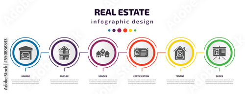 real estate infographic element with filled icons and 6 step or option. real estate icons such as garage, duplex, houses, certification, tenant, slides vector. can be used for banner, info graph,
