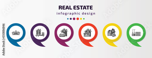 real estate infographic element with filled icons and 6 step or option. real estate icons such as house decoration, moving truck, rent, villa, for rent, industrial park vector. can be used for
