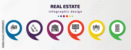 real estate infographic element with filled icons and 6 step or option. real estate icons such as paint roll, neighborhood, storehouse, advertisement, juridical, wall vector. can be used for banner,