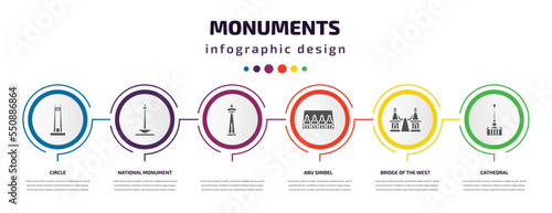 monuments infographic element with filled icons and 6 step or option. monuments icons such as circle, national monument monas, , abu simbel, bridge of the west, cathedral vector. can be used for