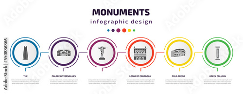 monuments infographic element with filled icons and 6 step or option. monuments icons such as the, palace of versailles, , lonja of zaragoza, pula arena, greek column vector. can be used for