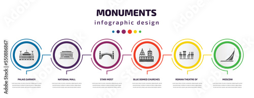 monuments infographic element with filled icons and 6 step or option. monuments icons such as palais garnier, national mall, stari most, blue domed churches, roman theatre of merida, moscow vector.