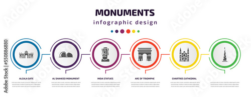 monuments infographic element with filled icons and 6 step or option. monuments icons such as alcala gate, al shaheed monument, moia statues, arc of triomphe, chartres cathedral, vector. can be