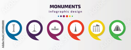monuments infographic element with filled icons and 6 step or option. monuments icons such as greek column, national monument monas, retiro park, , temple of apollo, maya pyramid vector. can be