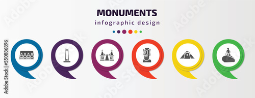 monuments infographic element with filled icons and 6 step or option. monuments icons such as abu simbel, circle, bridge of the west, moia statues, pyramid of the magician, denmark vector. can be