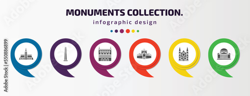 monuments collection. infographic element with filled icons and 6 step or option. monuments collection. icons such as hassan mosque, obelisk of bue aires, lonja of zaragoza, thatbyinnyu temple,