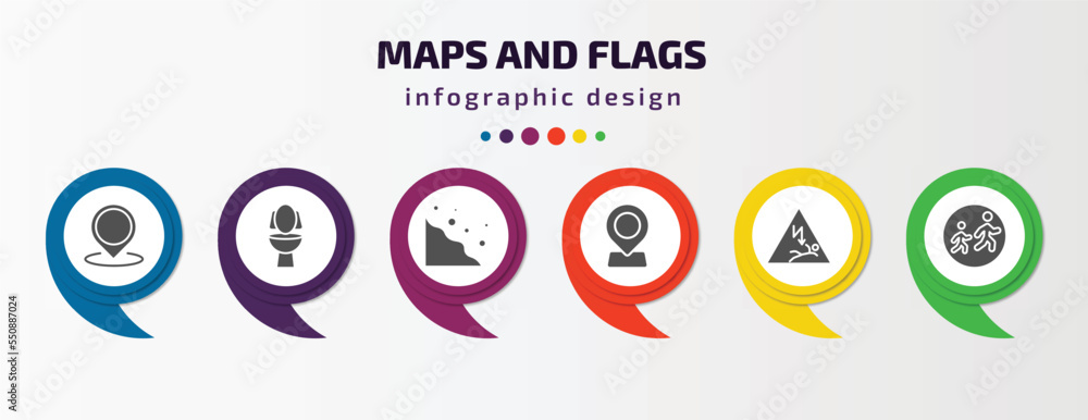 maps and flags infographic element with filled icons and 6 step or option. maps and flags icons such as location mark, toilets, rock landslide safety, locator, electrocution risk, school zone maps and flags infographic element with filled icons and 6 step or option. maps and flags icons such as location mark, toilets, rock landslide safety, locator, electrocution risk, school zone