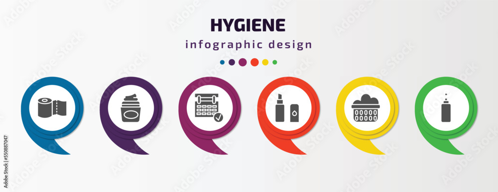 hygiene infographic element with filled icons and 6 step or option. hygiene icons such as paper towel, , appointment book, lip balm, laundry basket, pump bottle vector. can be used for banner, info hygiene infographic element with filled icons and 6 step or option. hygiene icons such as paper towel, , appointment book, lip balm, laundry basket, pump bottle vector. can be used for banner, info