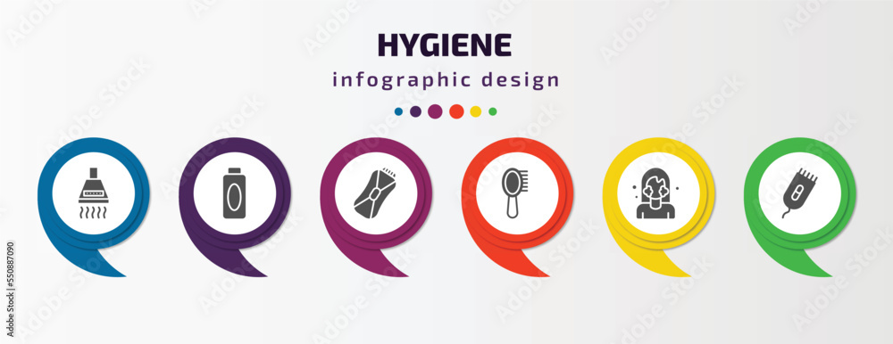 hygiene infographic element with filled icons and 6 step or option. hygiene icons such as extractor, hair tonic, epliator, primp, face washer, electric razor vector. can be used for banner, info hygiene infographic element with filled icons and 6 step or option. hygiene icons such as extractor, hair tonic, epliator, primp, face washer, electric razor vector. can be used for banner, info
