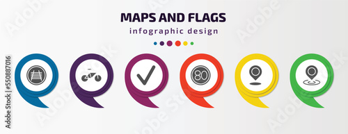 maps and flags infographic element with filled icons and 6 step or option. maps and flags icons such as rail crossing, bicycle, mark, 80 speed limit, locato, maps mark vector. can be used for