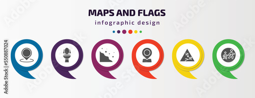 maps and flags infographic element with filled icons and 6 step or option. maps and flags icons such as location mark, toilets, rock landslide safety, locator, electrocution risk, school zone