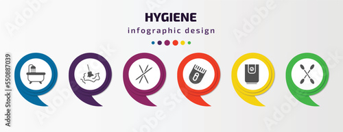 hygiene infographic element with filled icons and 6 step or option. hygiene icons such as bathroom, wet cleaning, toothpick, depilator, water heater, cotton swabs vector. can be used for banner,