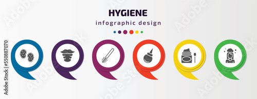 hygiene infographic element with filled icons and 6 step or option. hygiene icons such as microbes, beardy, toilet brush, l aspirator, scrub up, hair washing vector. can be used for banner, info