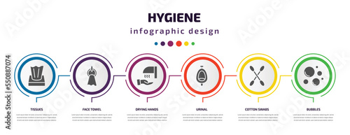 hygiene infographic element with filled icons and 6 step or option. hygiene icons such as tissues, face towel, drying hands, urinal, cotton swabs, bubbles vector. can be used for banner, info graph,
