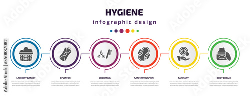 hygiene infographic element with filled icons and 6 step or option. hygiene icons such as laundry basket, epliator, grooming, sanitary napkin, sanitary, body cream vector. can be used for banner,