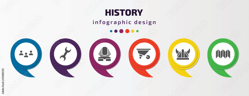 history infographic element with filled icons and 6 step or option. history icons such as staff, tool, sphinx, wheelbarrow, viking helmet, trifold vector. can be used for banner, info graph, web. history infographic element with filled icons and 6 step or option. history icons such as staff, tool, sphinx, wheelbarrow, viking helmet, trifold vector. can be used for banner, info graph, web.