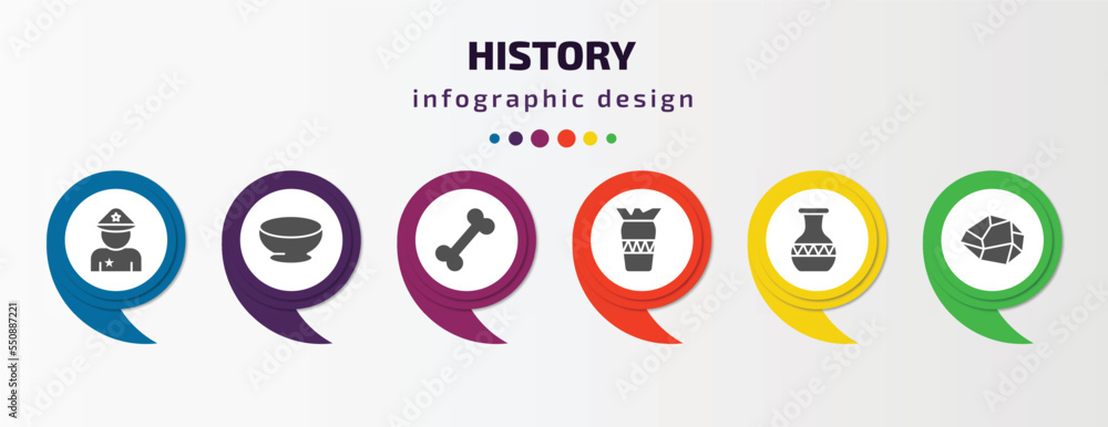 history infographic element with filled icons and 6 step or option. history icons such as policeman, bowl, bone, ancient jar, vase, stone vector. can be used for banner, info graph, web. history infographic element with filled icons and 6 step or option. history icons such as policeman, bowl, bone, ancient jar, vase, stone vector. can be used for banner, info graph, web.