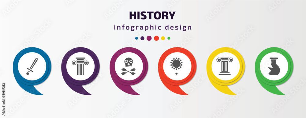 history infographic element with filled icons and 6 step or option. history icons such as sword, ancient, skeleton, bracelet, column, archaeological vector. can be used for banner, info graph, web. history infographic element with filled icons and 6 step or option. history icons such as sword, ancient, skeleton, bracelet, column, archaeological vector. can be used for banner, info graph, web.