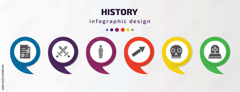 history infographic element with filled icons and 6 step or option. history icons such as report, swords, mummy, arrow, skull, tomb vector. can be used for banner, info graph, web. history infographic element with filled icons and 6 step or option. history icons such as report, swords, mummy, arrow, skull, tomb vector. can be used for banner, info graph, web.