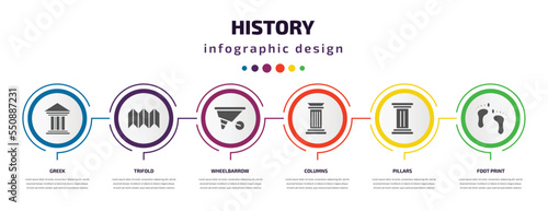 history infographic element with filled icons and 6 step or option. history icons such as greek, trifold, wheelbarrow, columns, pillars, foot print vector. can be used for banner, info graph, web.