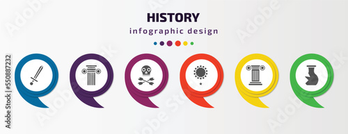 history infographic element with filled icons and 6 step or option. history icons such as sword, ancient, skeleton, bracelet, column, archaeological vector. can be used for banner, info graph, web.