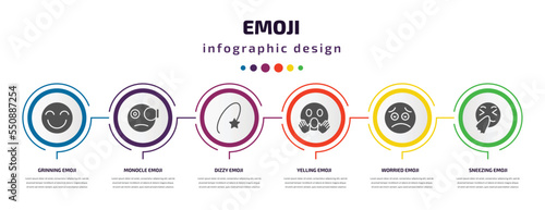 emoji infographic element with filled icons and 6 step or option. emoji icons such as grinning emoji, monocle dizzy yelling worried sneezing vector. can be used for banner, info graph, web.