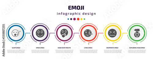 emoji infographic element with filled icons and 6 step or option. emoji icons such as sleep emoji, hand over mouth lying desperate exploding head vector. can be used for banner, info graph, web.