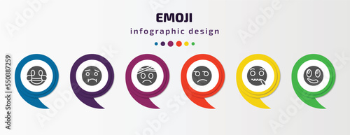 emoji infographic element with filled icons and 6 step or option. emoji icons such as laugh emoji, nauseated injured suspect secret imagine vector. can be used for banner, info graph, web.
