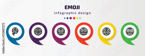 emoji infographic element with filled icons and 6 step or option. emoji icons such as sneezing emoji, grinning worried curious hushed hypnotized vector. can be used for banner, info graph, web.