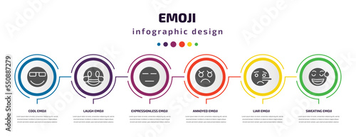 emoji infographic element with filled icons and 6 step or option. emoji icons such as cool emoji, laugh expressionless annoyed liar sweating vector. can be used for banner, info graph, web.