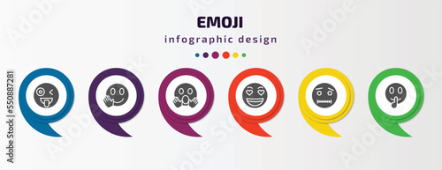 emoji infographic element with filled icons and 6 step or option. emoji icons such as crazy emoji, hello yelling love quiet shushing vector. can be used for banner, info graph, web.