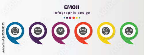 emoji infographic element with filled icons and 6 step or option. emoji icons such as tired emoji, expressionless sad angry tongue stupid vector. can be used for banner, info graph, web.
