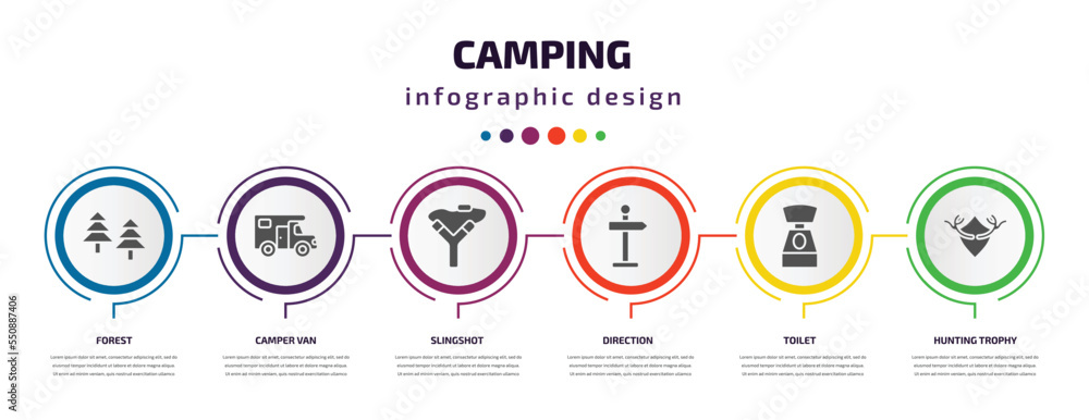 camping infographic element with filled icons and 6 step or option. camping icons such as forest, camper van, slingshot, direction, toilet, hunting trophy vector. can be used for banner, info graph, camping infographic element with filled icons and 6 step or option. camping icons such as forest, camper van, slingshot, direction, toilet, hunting trophy vector. can be used for banner, info graph,
