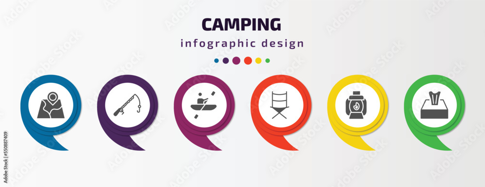 camping infographic element with filled icons and 6 step or option. camping icons such as map, fishing rod, rafting, folding chair, lamp, tissue vector. can be used for banner, info graph, web. camping infographic element with filled icons and 6 step or option. camping icons such as map, fishing rod, rafting, folding chair, lamp, tissue vector. can be used for banner, info graph, web.
