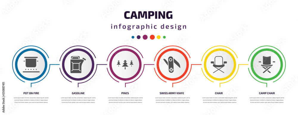 camping infographic element with filled icons and 6 step or option. camping icons such as pot on fire, gasoline, pines, swiss army knife, chair, camp chair vector. can be used for banner, info camping infographic element with filled icons and 6 step or option. camping icons such as pot on fire, gasoline, pines, swiss army knife, chair, camp chair vector. can be used for banner, info