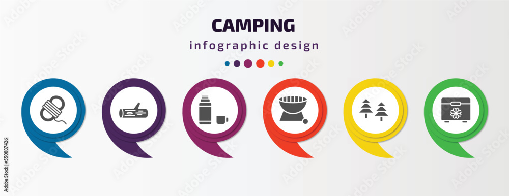 camping infographic element with filled icons and 6 step or option. camping icons such as rope, log, thermos, grill, forest, freezer vector. can be used for banner, info graph, web. camping infographic element with filled icons and 6 step or option. camping icons such as rope, log, thermos, grill, forest, freezer vector. can be used for banner, info graph, web.
